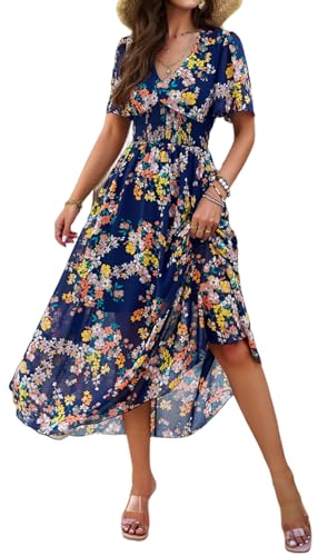 Image of Sister Amy Women's Boho Floral Print Square Neck Beach Party Flowy Ruffle Midi Dress