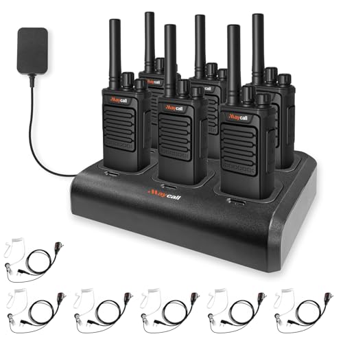 Maycall MC-388 Walkie Talkies 6 Pack with 6 Way Multi Unit Charger Two Way Radios with Earpiece Rechargeable 2550mAh BatteryOne Click Frequency Matching Intelligent Noise Reduction VOX Hands Free