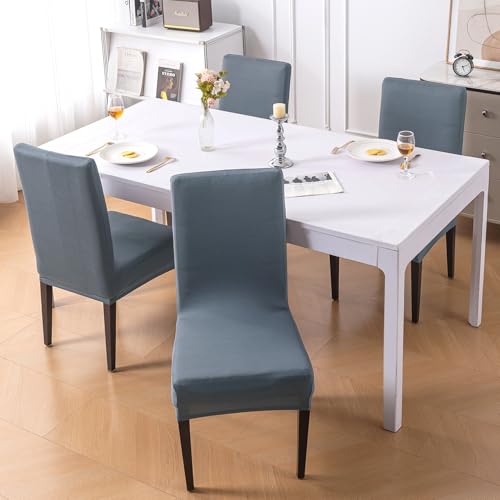 Image of HOKIPO 'SereneSolids' 140 GSM Polyester Blend Dining Chair Cover Set of 4, Smokey Grey (AR-6246-SGRY)