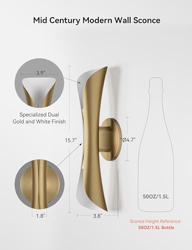 Image of Tubicen Wall Sconces Set of Two Dimmable Home Theater Sconce Up Down | Mid-Century Modern Wall Lights Hardwired 15.7 inchH Indoor Art Deco Gold Wall Sconce for Living Room Bedroom Hallway