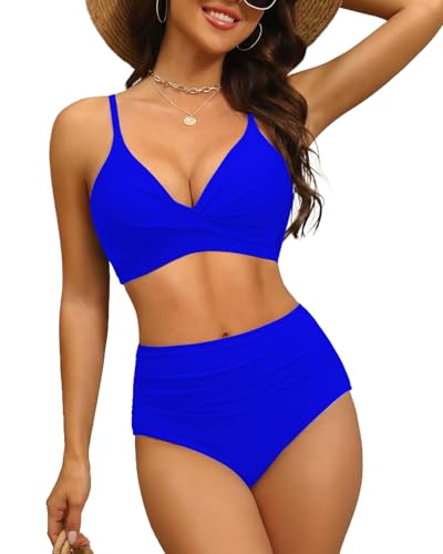 Bikini taille haute pour femme - Col en V - Bas froncé - Élégant - Deux pièces, bleu roi, Taille XL