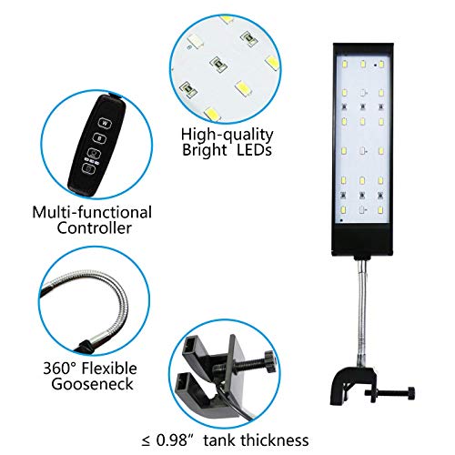 MingDak Fish Tank Clip on Light with Inline Timer, Clamp Aquarium Light with White & Blue LEDs, 3 Lighting Modes, Dimmable, 7W, 18 LEDs - Thumbnail 6