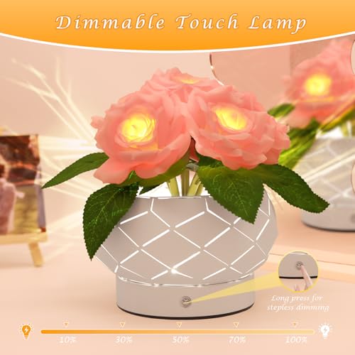 Image of Roses Flower Touch Lamp,Rechargeable Cordless 3-Colour Dimming Small Night Light for Festival,Dining Room,Bedroom Home Decor Birthday Gifts-6 Rose