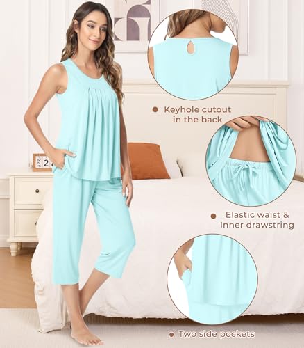 Image of NACHILA Pajamas for Women-Viscose Made from Bamboo, Sleeveless Pjs Tank Top Capri Pants Pajama Sets Cooling Sleepwear