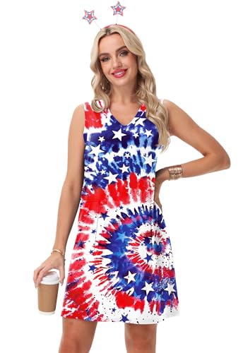 Image of Deerose Womens July 4th Sleeveless Dress American Flag Swim Cover Up Dress with Pockets