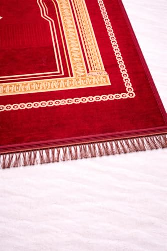 Image of Janamaz Prayer Mat Turkey Soft Velvet | Namaz Mat, Janimaz Namaz Aasan, Islamic Prayer Rug for Salah | 70x110 CM (Printed Ruby)