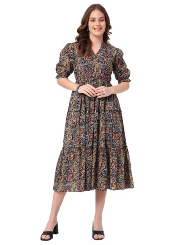 Image of PIDAVLIYA'S Women's Floral Summer Maxi Dress I Cotton Printed I One Piece Bodycon Midi Dress with V-Neck, Puffed Sleeves