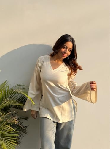 Image of ANNI Designer Short Kurti for Women Solid Design | V Neck Full Sleeve Kurti Tops for Women | Stylish Kurtis & Short Kurtis for Woman | Casual Kurti with Jeans | Kurtas for Woman