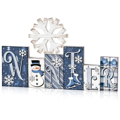 Yousoontic 2 Pcs Winter Table Decor Snowman Christmas Table Centerpieces Blue and White Snowman Tiered Tray Decor Snowflake Block Signs Winter Decorations for Home Kitchen Office Shelf