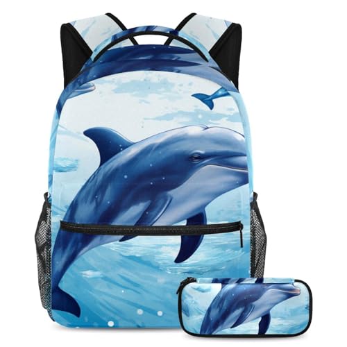 Cartable de grande capacité motif baleine océan bleu pour étudiant et trousse scolaire