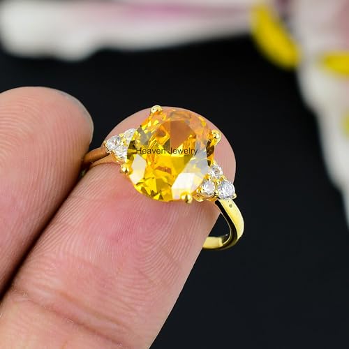 925 Solid Silver Band | Yellow Topaz Handmade Gemstone Cubic Zirconia Rings For Women & Girls | 10 x 12 mm | Oval Shape Ring |3