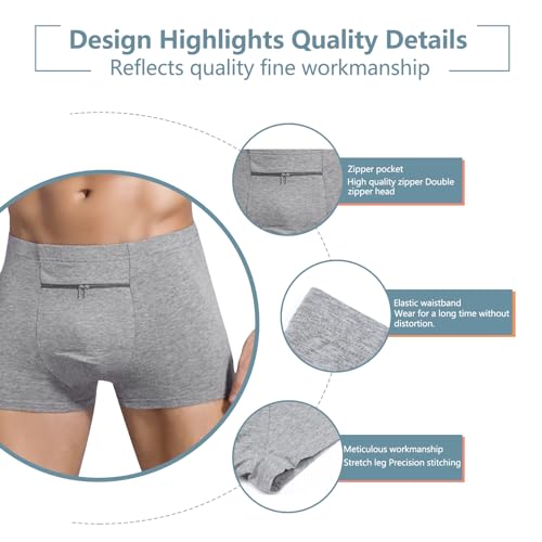 Pocket Underwear for Men 2 Pack, Men's Boxer Briefs with a Stash Secret Pockets. (Black, Grey)2