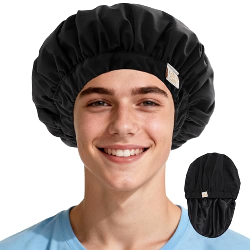 Years calm Shower Cap for Men Waterproof Reusable - Fashion Dual-Layer Design Adjustable Elastic Band for Long & Curly Hair XL Bath & Spa Cap for Travel Satin Lined Shower Cap Black