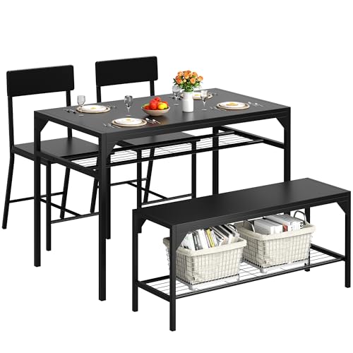 Shintenchi Kitchen Table Chairs Set of 4, Dining Table Set for 4 with Bench and Chairs, 4 Pieces Kitchen Table Set with Storage Rack & Metal Frame for Small Space, Black