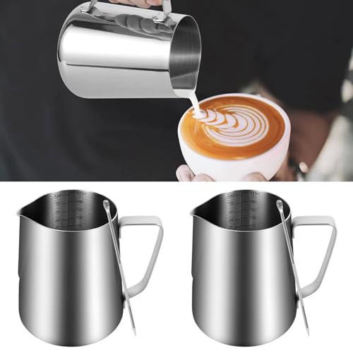 Lot de 2 pichets à mousseur à lait de 900 ml - En acier inoxydable - Avec stylo décoratif - Pour café au lait, cappuccino, latte art barista