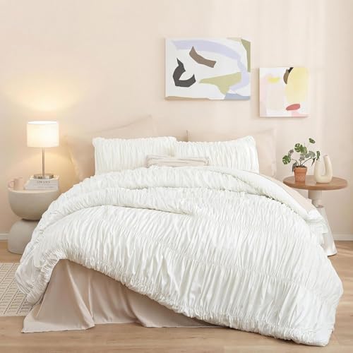 Image of weigelia Ruched Comforter Set Twin Size, 3 Piece Cream White Ruffle Bedding Set with 2 Pillowcases, Soft Lightweight Polyester Comforter for Girls Room, Dorm, Boho Bed Set