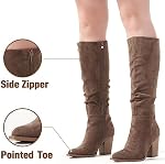 PUTU Women's Pointed Toe Knee High Boots Faux Suede Slouch Boots with Chunky Heel
