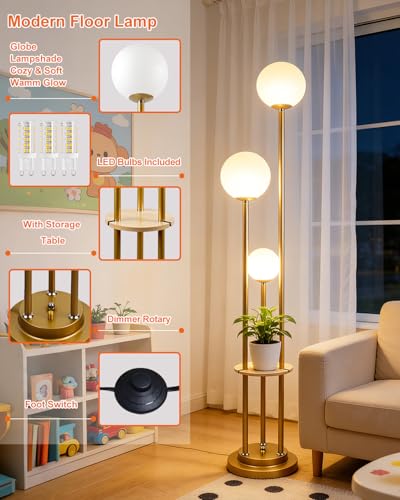 Image of Lightdot Gold Floor Lamp 3-Lights Dimmable Floor Lamps with Tray 3000K Bulbs Included Unique Modern Tall Standing Lamp for Living Room /Bedroom /Sofa Beside /Corner Decor