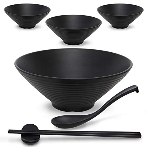 4 Sets 16 Piece Large Japanese Ramen Noodle Soup Bowl Melamine Dishware Set with Spoon and Chopsticks