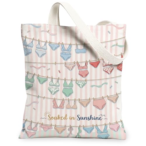 Bolsa de lona de bikini para mujer, pinzas de ropa de verano a rayas juguetonas para verano, pastel, lavable, reutilizable, para ir de compras, brunch Park, Biblioteca, viajes de día, 13 x 15 pulgadas