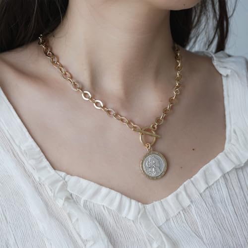 MISS SECRET Chunky Coin Necklace for Women Antique Gold and Silver Plated Roman Coin Chain Pendant Necklaces Toggle 18 Inch Chunky Link Jewelry Gift for Women3