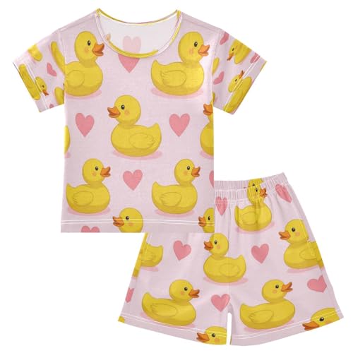 Pajama Sets Short Sleeve Cute Yellow Ducks Pattern Soft Cotton Summer Sleepwear 2 Piece PJS Size 5-14T