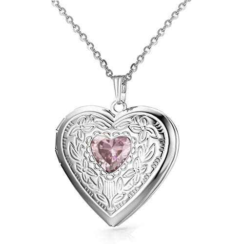 YOUFENG Birthstones Locket Necklace That Holds Pictures Love Heart Photo Locket Crystals Necklace