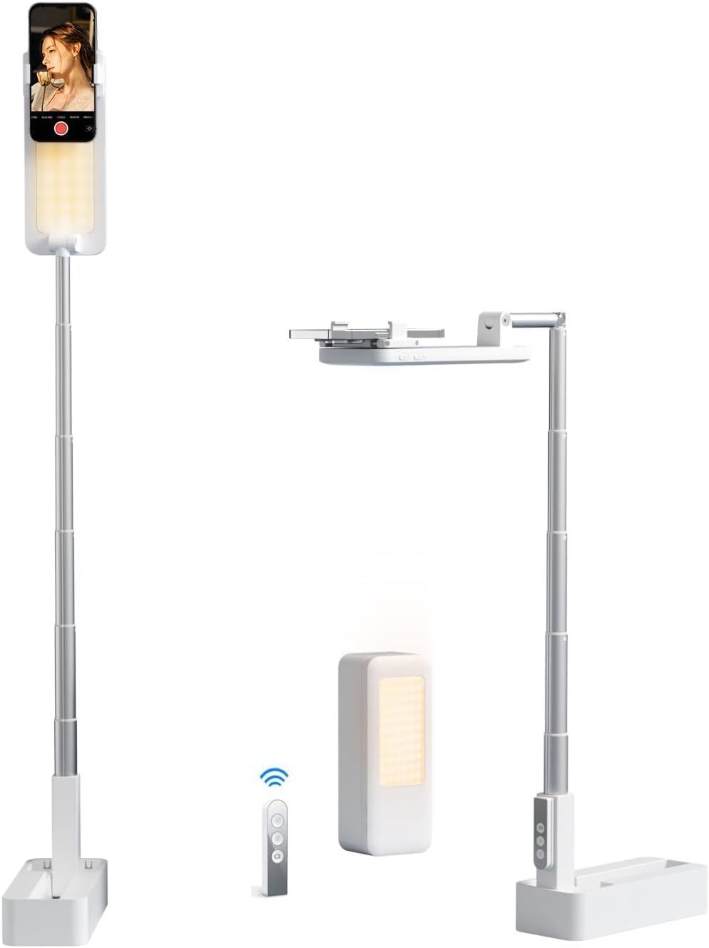 Phone Stand for Recording Video, Extendable Desktop Mobile Phone Tripod, Overhead Phone Mount with Ring Light, Selfie Stand with 360° Rotation, Travel Tripod for Live Streaming/Unboxing Video