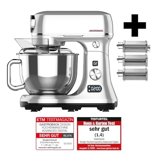 GASTROBACK Design Küchenmaschine Advanced Digital 20-teilig – Mit 5L Edelstahl, Keramik Rührschüssel, Doppelknethaken & Fleischwolfaufsatz 600W, Premium Food Processor für Pasta, Brot & Mehr
