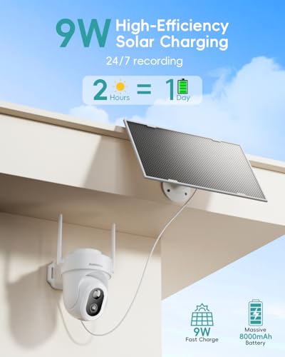 Image of ZUMIMALL 24 /7 Recording Solar Security Cameras Wireless Outdoor, 9W Solar Panel, 2K AOV Cameras for Home Security, 360 Auto Tracking, Color Night Vision, 2.4GHz WiFi, 512G Local Storage(Not Include)