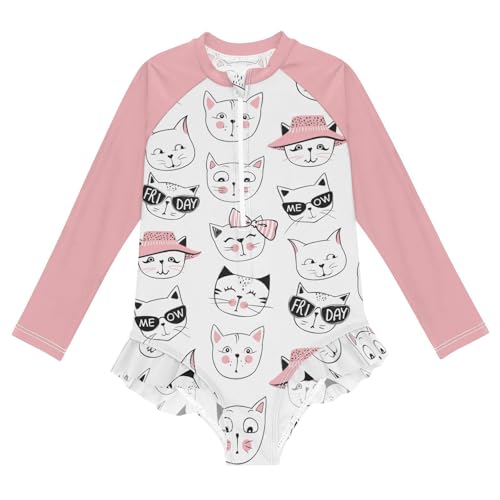 Image of CaTaKu Girls Rash Guard Swimsuit Long Sleeve One Piece Bathing Suit UPF 50+ Toddler Kids Zipper Ruffle Swimwear 3-12Y