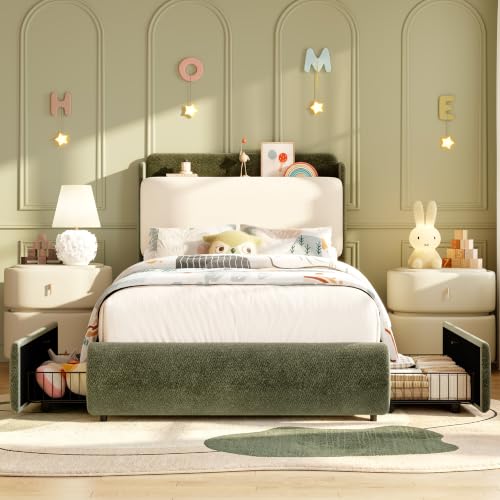 Image of Garvee Twin Size Bed Frame with Shelf & Drawers for Kids- Green & Beige