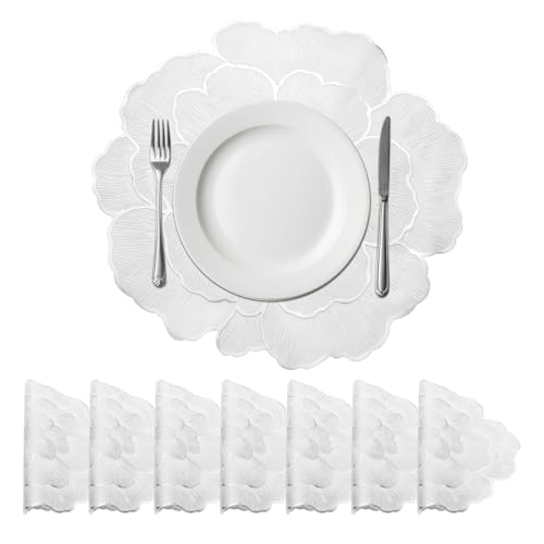 Napperons de table ronds en polyvinyle pressé argenté et rose blanche x8