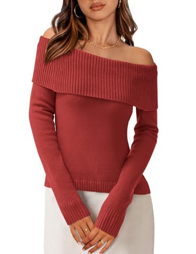 PRETTYGARDEN Off The Shoulder Sweater for Women 2025 Fall Fashion Cute Long Sleeve Tops Winter Ribbed Pullover Knit Outfits