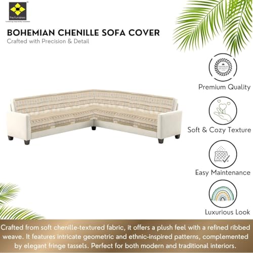 Image of Elegant Woven Beige Sofa Cover - Soft Chenille Traditional Pattern with Lace Style | L-Shape Sectional Seat Protector for Living Room | Durable & Stylish Slipcover 6 Seater L Shape