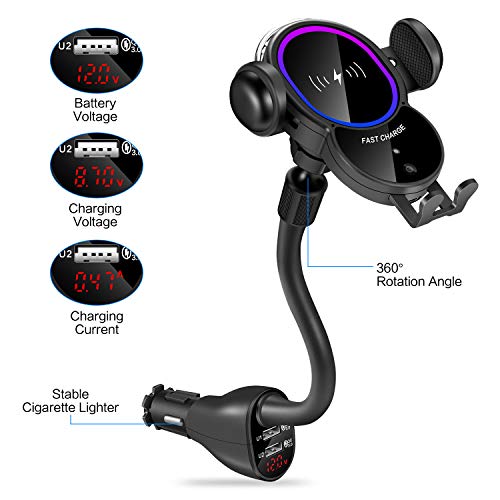 Car Cigarette Lighter Wireless Charger Mount- Automatic Clamping Phone Holder,Infrared Smart Sensor Dual USB QC3.0 Ports 10W 7.5W Qi Fast Charging Air Vent Cradle for Cell Phone