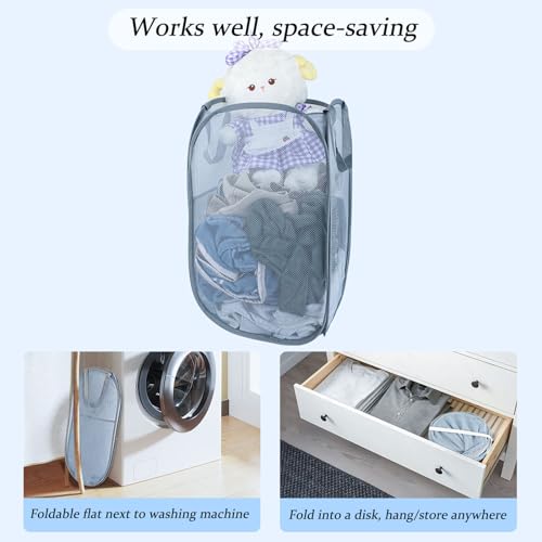 Image of Upgraded 100L Extra Large Collapsible Laundry Baskets, 2 Pack XL Mesh Pop Up Laundry Hamper with Handles, Portable Travel Laundry Basket, Foldable Hamper. Grey. 2V