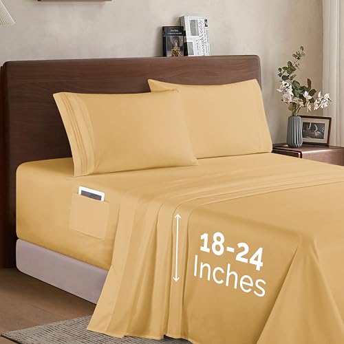 Elegant Comfort Luxury 1500 Premium Hotel Quality Microfiber 4-Piece Sheet Set - Soft, All Around Elastic 18-24 Inches Deep Fitted Sheet - Extra Deep Pocket Sheets, Full, Camel-Gold