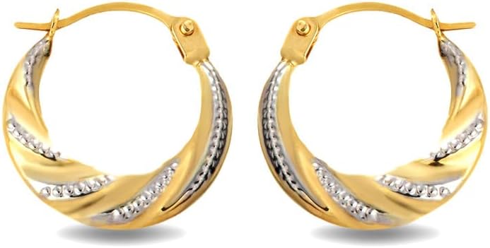 High Polish 14K Two-Tone Yellow & White Gold Beaded & Ribbed Reversible Hoop Earrings (0.50") for Women