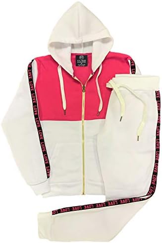 Women’s Lightweight Soft Fleece Sweat Suit Jogger Sweat Jacket Sweat Pants Activewear Love Stripe Outfit (White/Pink, L)