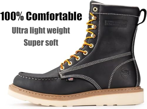 SUREWAY Mens 8 in Wedge Moc Soft/Steel Toe Work Boots for Men,Full-Grain Leather,Goodyear Welt,EH,Safety Industrial Construction Boots/Shoes for Women,Soft Toe Black,Size 62