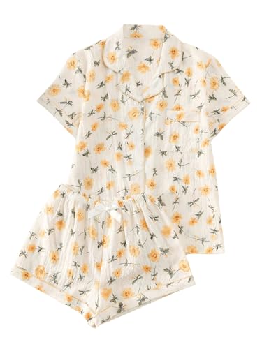 Image of BEAUDRM Women's Two Piece Pajama Sets Allover Print Short Sleeve Sleepwear Button Down Shirt and Bow Shorts Pj Set Loungewear Apricot and Yellow Medium