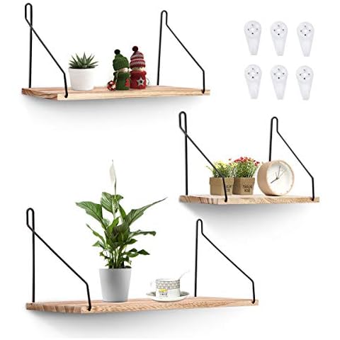 Hoofaway 3Pcs Rustic Wood Wall Shelves Decorative Wall Mounted Shelf, Floating Shelves for Bathroom, Bedroom, Living Room, Kitchen and Office, Solid Metal Wooden Shelves for Wall Cover
