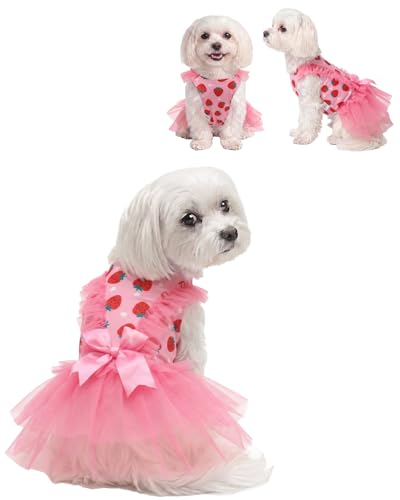 Image of CuteBone Pink Strawberry Pet Dress for Small Dogs, Cats - Double-Layer Ruffled Skirt - Satin Bow - Sweet Daily, Playdate Dress