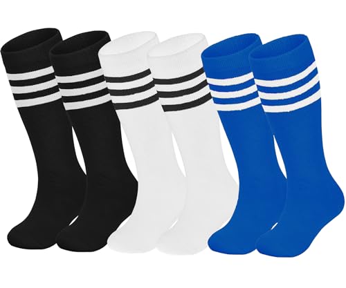 ENBAOHUI 3 Packs Toddler Soccer Socks Kids Soccer Socks Girls Boys Socks Toddler Knee High Kids Tube Sock Black/White/Blue 4-7T