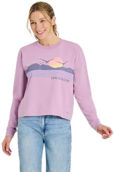 Life is Good. Women's Sunset Seagull Long Sleeve Crusher Boxy Tee, Violet Purple