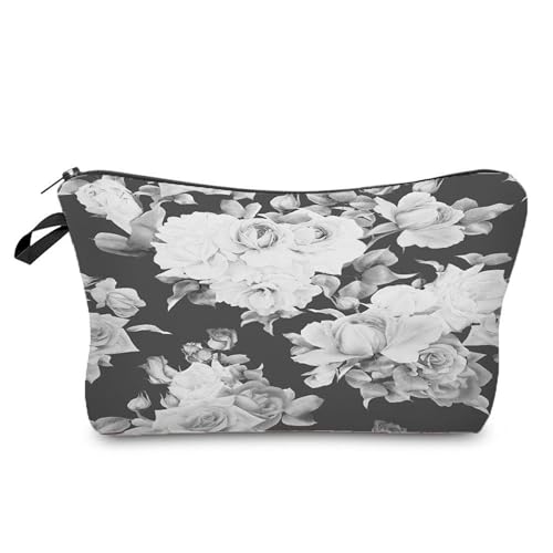 Neceser Maquillaje Flores Grises Portátiles Neceser Pequeño con Cremallera,Bolsa Maquillaje para Mujer,Monedero Pequeño Impresa