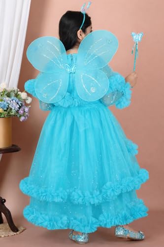 Image of Girls Glitter Tulle Tiered Gown with Butterfly Wings, Ruffle Detail, Fairy Costume Dress
