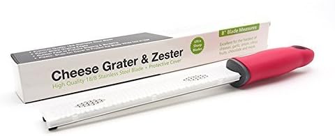 Hakubha Sales Lemon Zester Cheese Grater Razor Sharp Stainless Steel Grater for Parmesan Cheese Potato Ginger Garlic Nutmeg Chocolate Vegetables Fruits Safety Cover (Long Red)