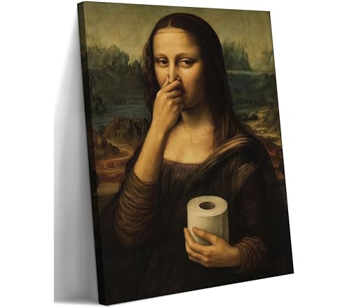 Funny Mona Lisa Bathroom Canvas Wall Art Humor Amusing Toilet Art Pinching Nose Wall Decor Celebrity Classical Vintage Painting Whimsical Poster Print for Bathroom Restroom Decoration 12x16in